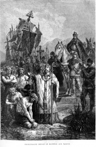 Alphonse de NEUVILLE. Charlemagne impose le baptême aux Saxons. Gravure sur bois In L'histoire de France racontée à mes petits-enfants, tome 1 de François Guizot, Paris, Hachette, 1877. Alphonse de NEUVILLE. Charlemagne impose le baptême aux Saxons. Gravure sur bois In L'histoire de France racontée à mes petits-enfants, tome 1 de François Guizot, Paris, Hachette, 1877.