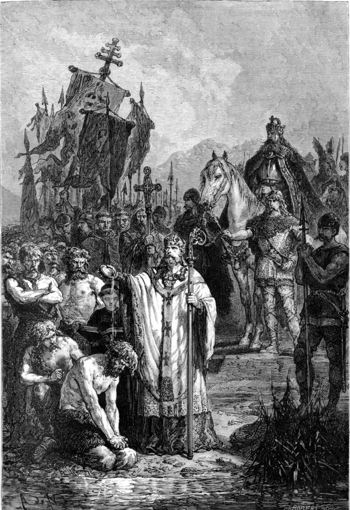 Alphonse de NEUVILLE. Charlemagne impose le baptême aux Saxons. Gravure sur bois In L'histoire de France racontée à mes petits-enfants, tome 1 de François Guizot, Paris, Hachette, 1877. Alphonse de NEUVILLE. Charlemagne impose le baptême aux Saxons. Gravure sur bois In L'histoire de France racontée à mes petits-enfants, tome 1 de François Guizot, Paris, Hachette, 1877.